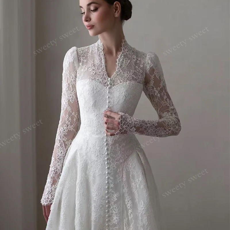 Graceful Wedding Dress Organza With Embroidery A-Line Ball Gown High-V-Neck Full Sleeve Customized Bride Dress Vestido De Novia
