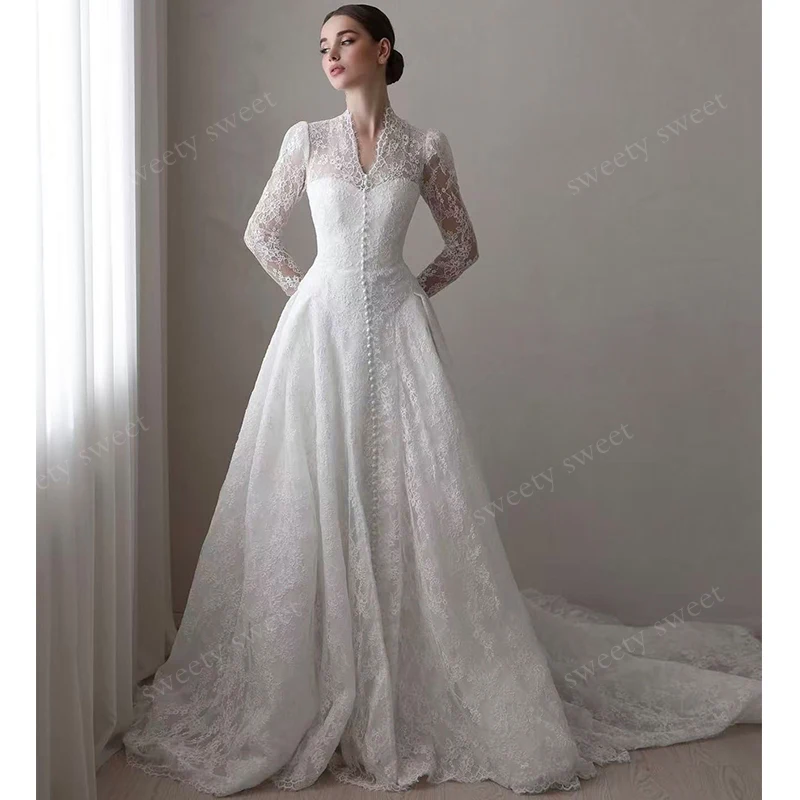 Graceful Wedding Dress Organza With Embroidery A-Line Ball Gown High-V-Neck Full Sleeve Customized Bride Dress Vestido De Novia