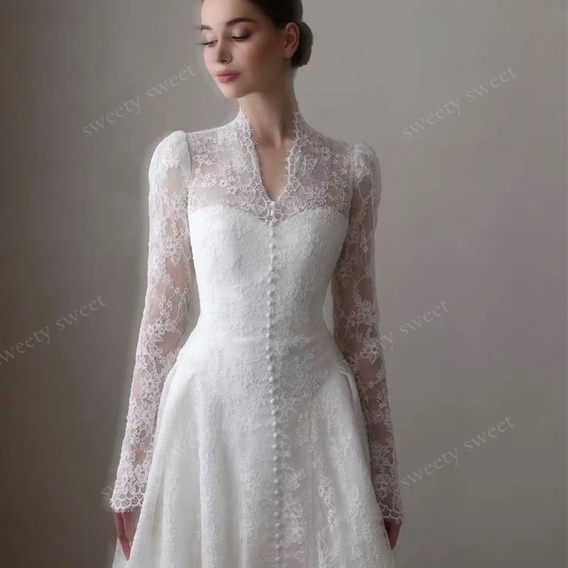Graceful Wedding Dress Organza With Embroidery A-Line Ball Gown High-V-Neck Full Sleeve Customized Bride Dress Vestido De Novia