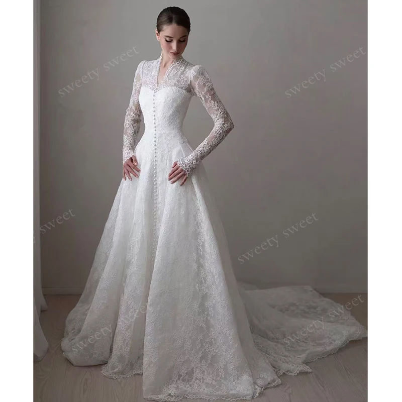 Graceful Wedding Dress Organza With Embroidery A-Line Ball Gown High-V-Neck Full Sleeve Customized Bride Dress Vestido De Novia