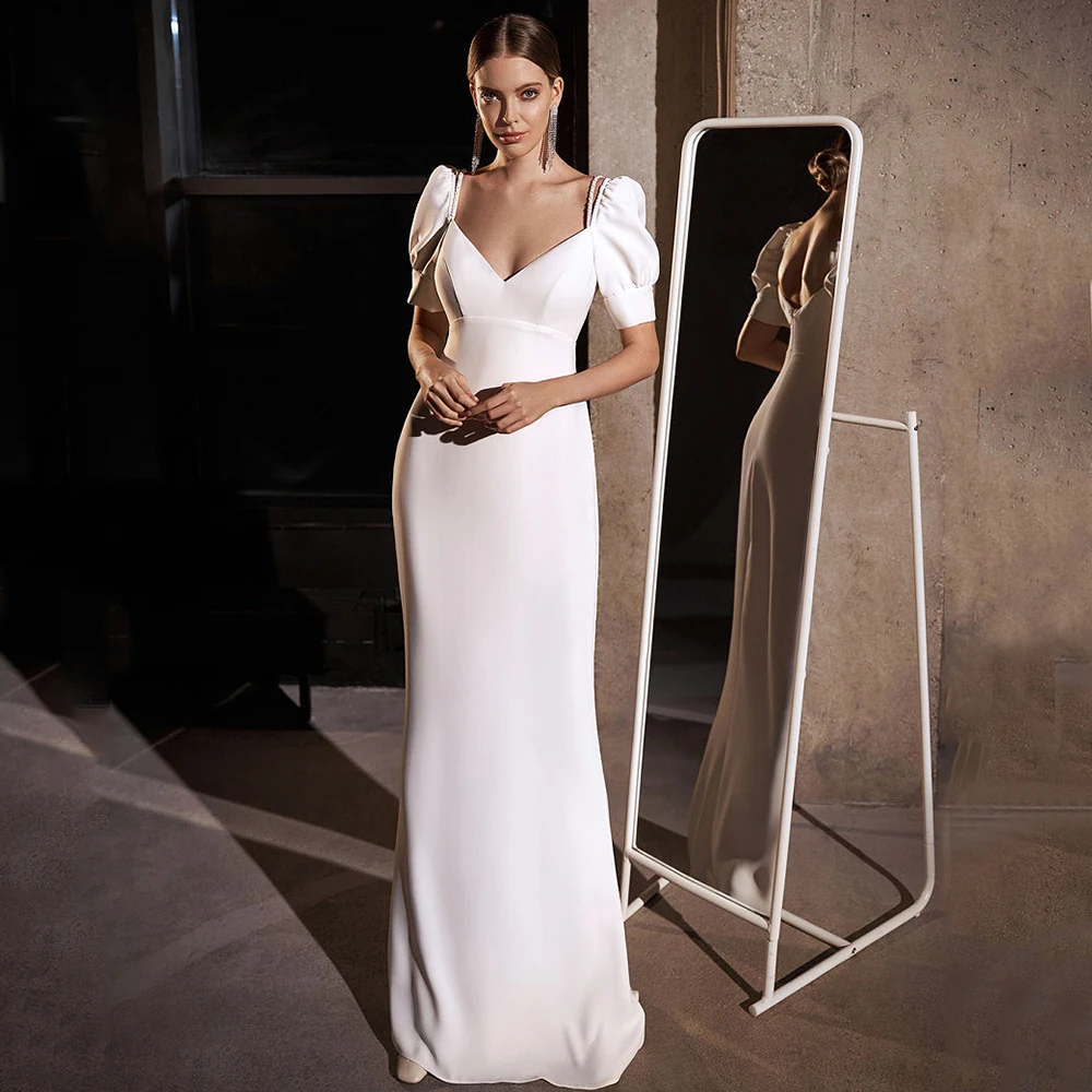 Vintage Sheath Floor Length Wedding Dress V-Neck Puff Short Sleeve Sexy Open Back Classic Zipper Bride Customized Gowns Robe