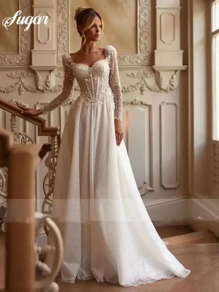 A Line Wedding Dresses Long Sleeves Sqeuins Sweetheart Women Bride Gowns Sweep Train Backless Vestido De Noiva Customized