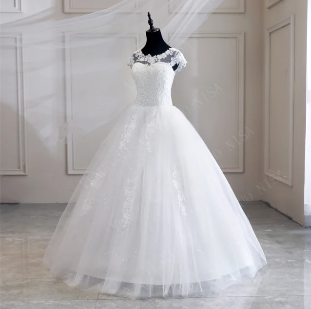 Real Video Cheap Luxury Pearls Ball Gowns O-Neck Off White Tulle Bridal Dress For Wedding Dresses with Sleeve Plus Size Custome