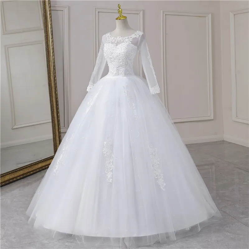 Real Video Cheap Luxury Pearls Ball Gowns O-Neck Off White Tulle Bridal Dress For Wedding Dresses with Sleeve Plus Size Custome