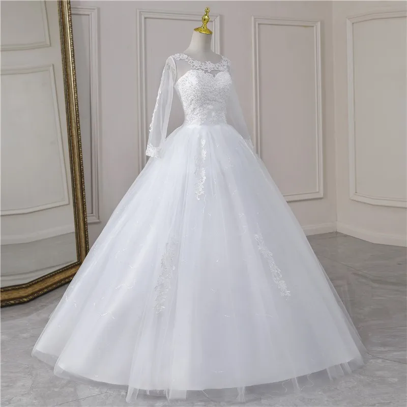 Real Video Cheap Luxury Pearls Ball Gowns O-Neck Off White Tulle Bridal Dress For Wedding Dresses with Sleeve Plus Size Custome