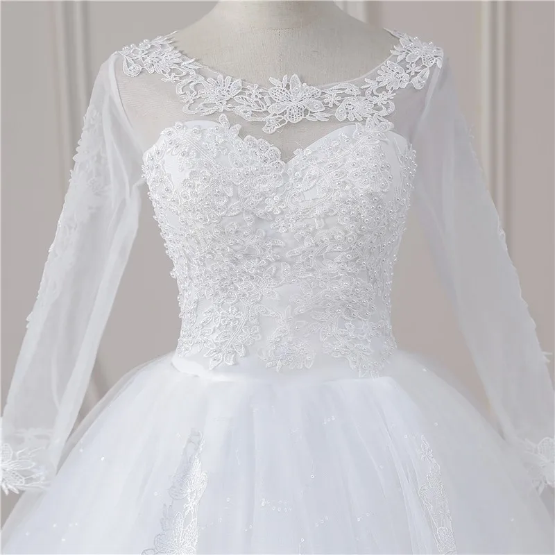 Real Video Cheap Luxury Pearls Ball Gowns O-Neck Off White Tulle Bridal Dress For Wedding Dresses with Sleeve Plus Size Custome