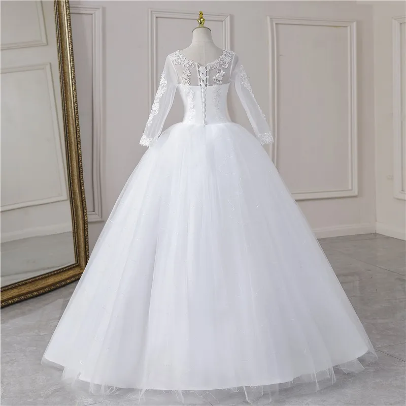 Real Video Cheap Luxury Pearls Ball Gowns O-Neck Off White Tulle Bridal Dress For Wedding Dresses with Sleeve Plus Size Custome
