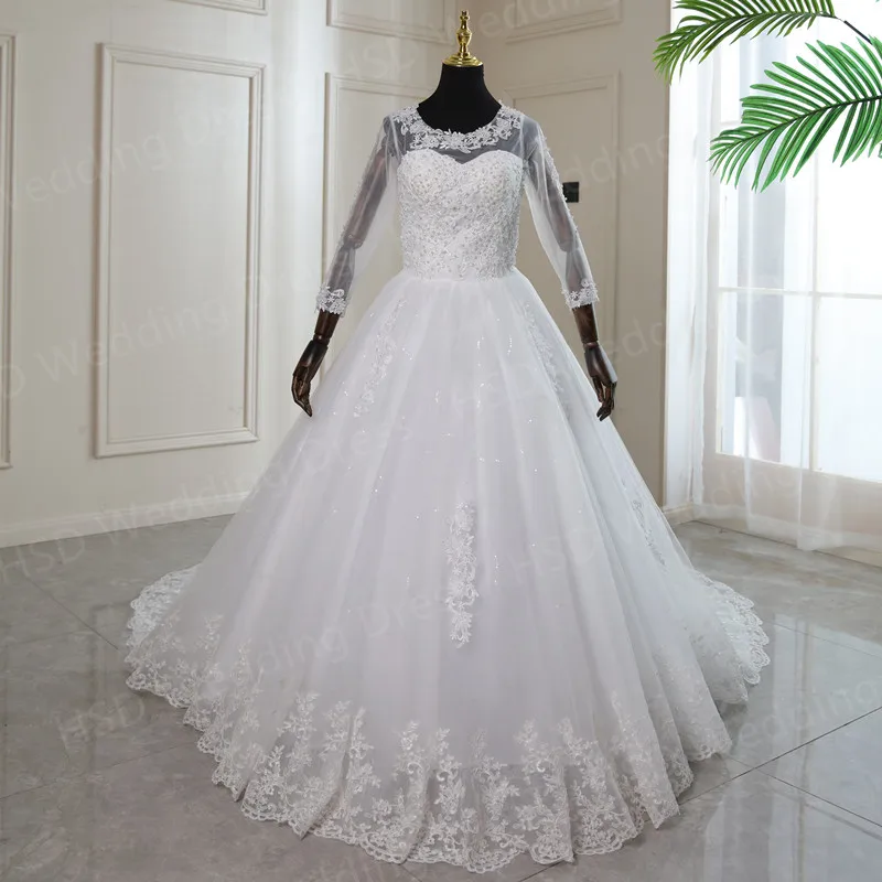 Real Video Cheap Luxury Pearls Ball Gowns O-Neck Off White Tulle Bridal Dress For Wedding Dresses with Sleeve Plus Size Custome