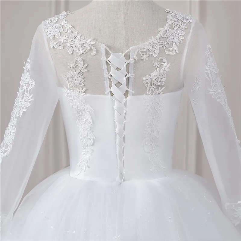 Real Video Cheap Luxury Pearls Ball Gowns O-Neck Off White Tulle Bridal Dress For Wedding Dresses with Sleeve Plus Size Custome