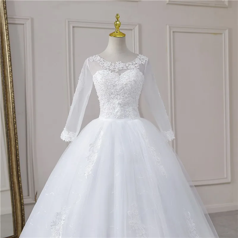 Real Video Cheap Luxury Pearls Ball Gowns O-Neck Off White Tulle Bridal Dress For Wedding Dresses with Sleeve Plus Size Custome