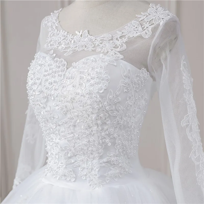 Real Video Cheap Luxury Pearls Ball Gowns O-Neck Off White Tulle Bridal Dress For Wedding Dresses with Sleeve Plus Size Custome