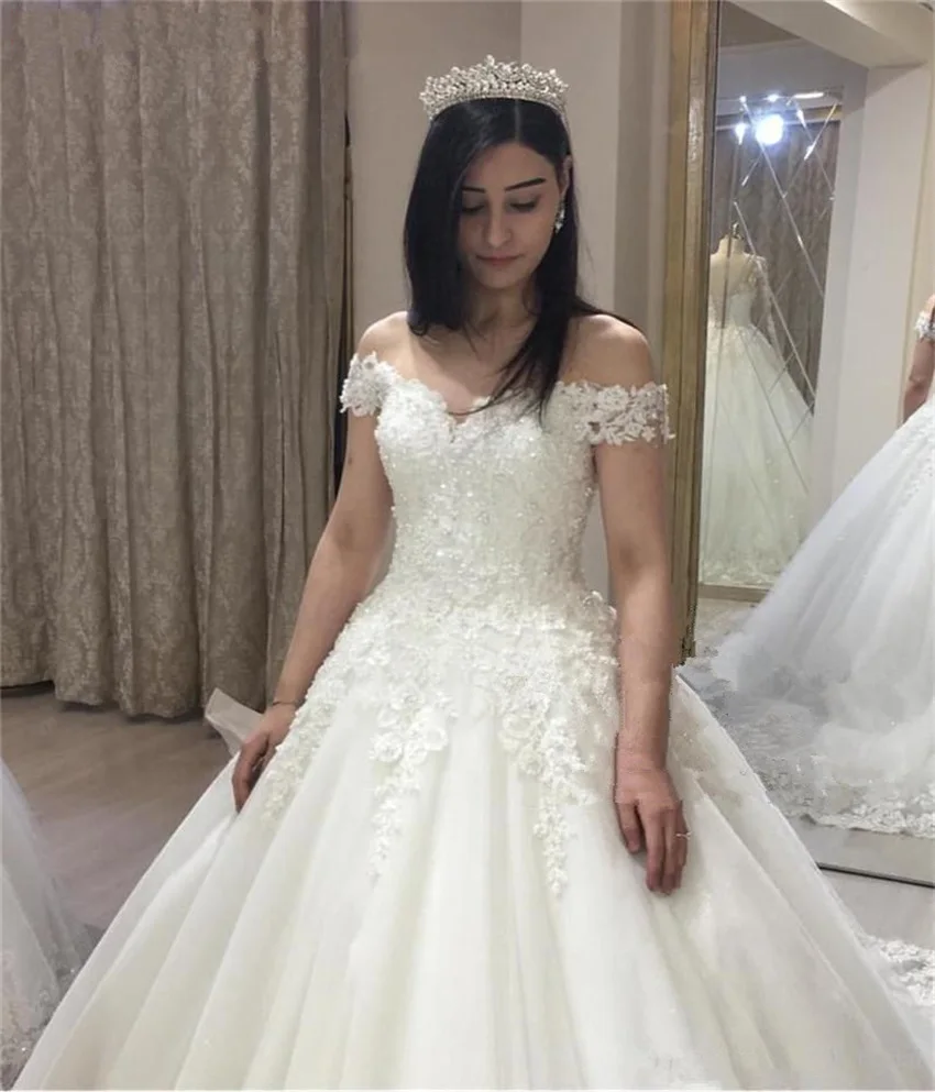 Customized Princess Ball Gown Luxury Wedding Dress Off The Shoulder Puffy Tulle Lace Applique Vestido De Novia vestito sposa