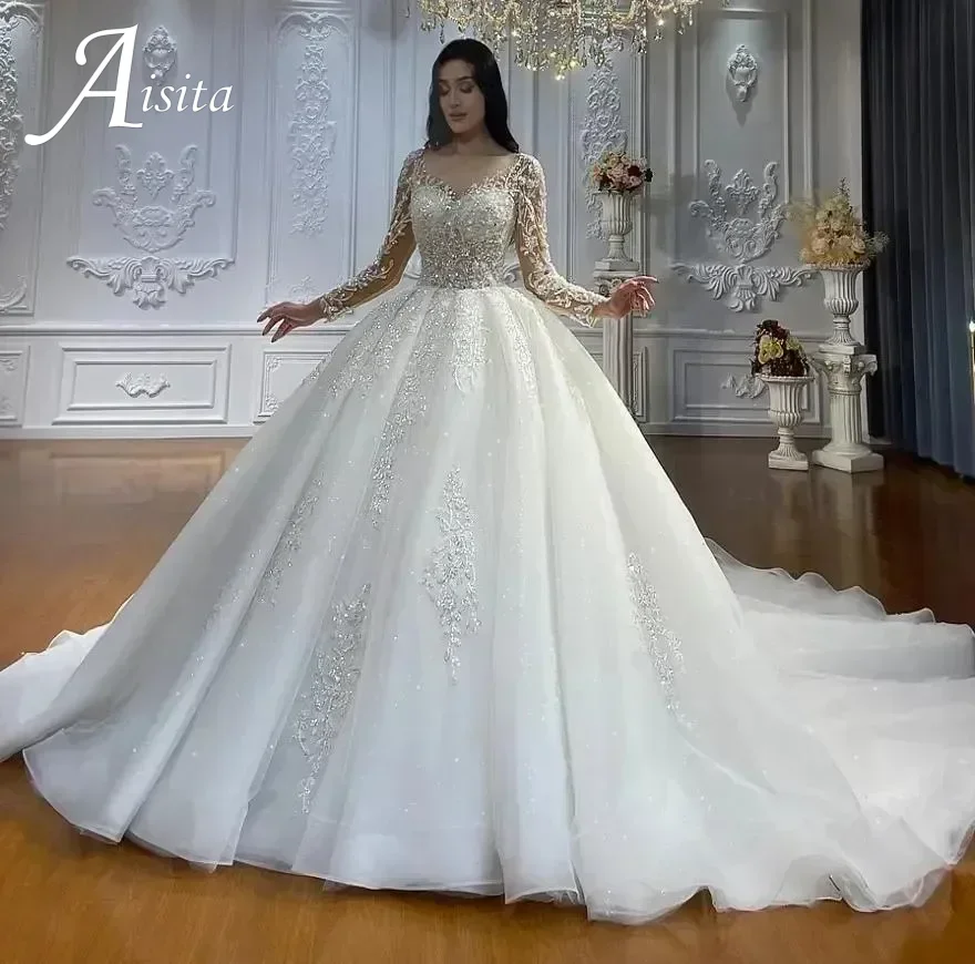 Luxury 2025 Wedding Dress Sweetheart Long Sleeves Lace Appliques Beads Bride Gowns Robe Mariage Vestidos De Novia customized