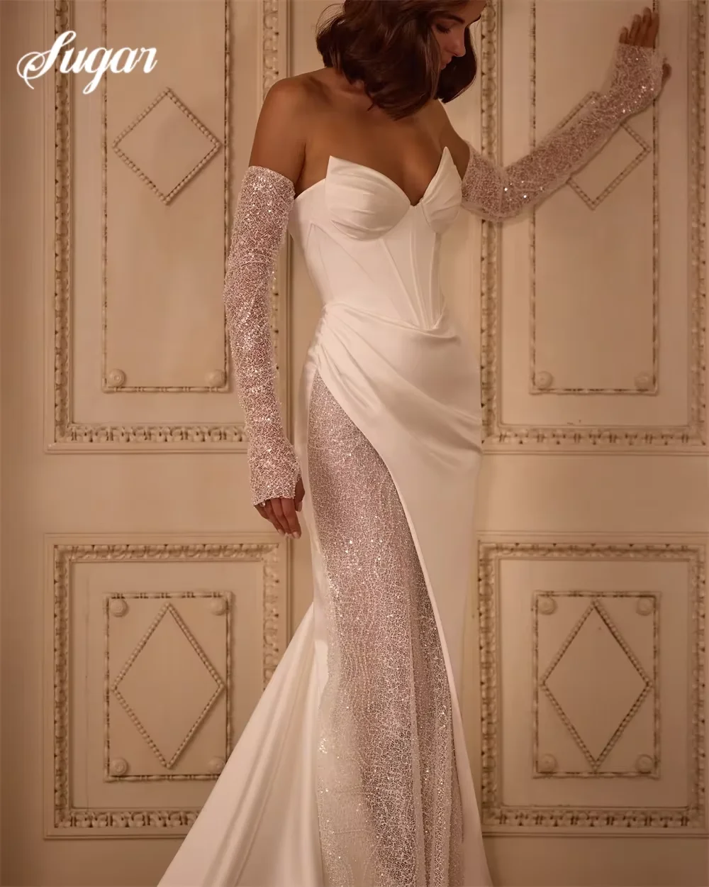 Sexy V-neck Beaded Lace Applique Mermaid Wedding Dresses Detachable Long Sleeves Backless Sweep Train Custom Made For Women