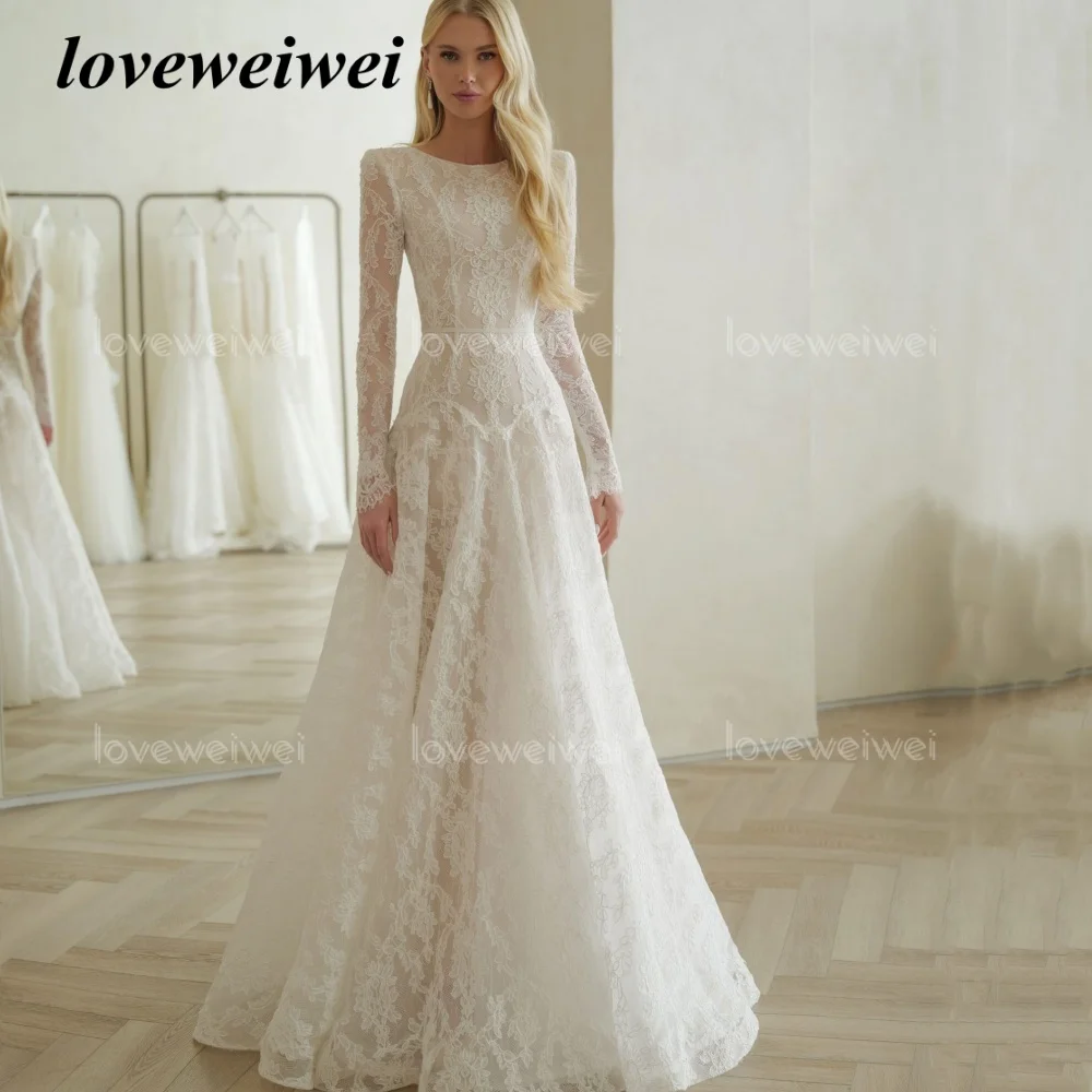 Lace Wedding Dress Customized A Line O Neck Bride Dresses Classic Lace Button Bridal Gowns Long Sleeve Vestidos De Novia