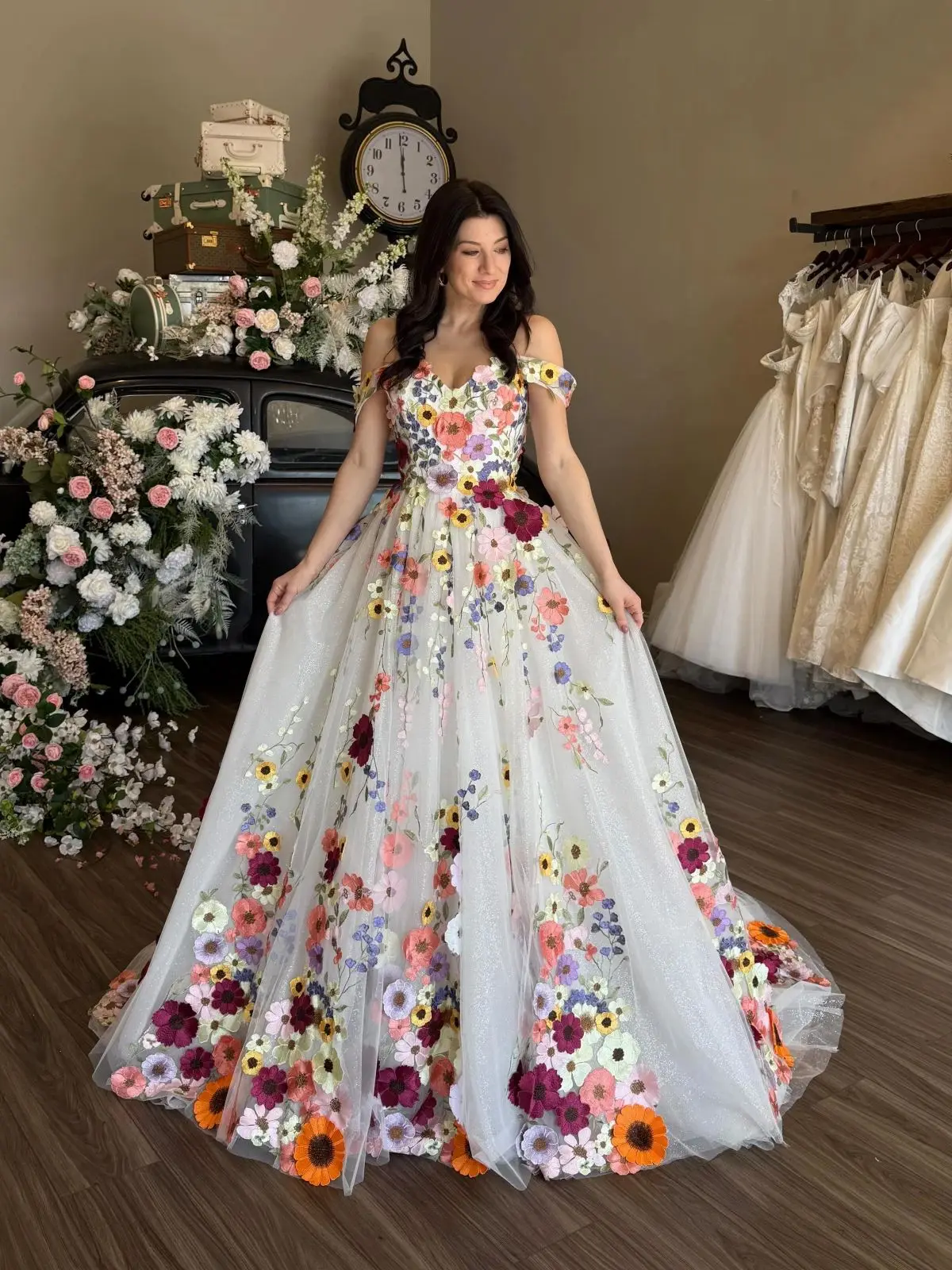 Colorful Floral Embroidered Wedding Dress Dreamy 3D Floral Princess Prom Dresses Off Shoulder A-Line Tulle Bridal Gowns