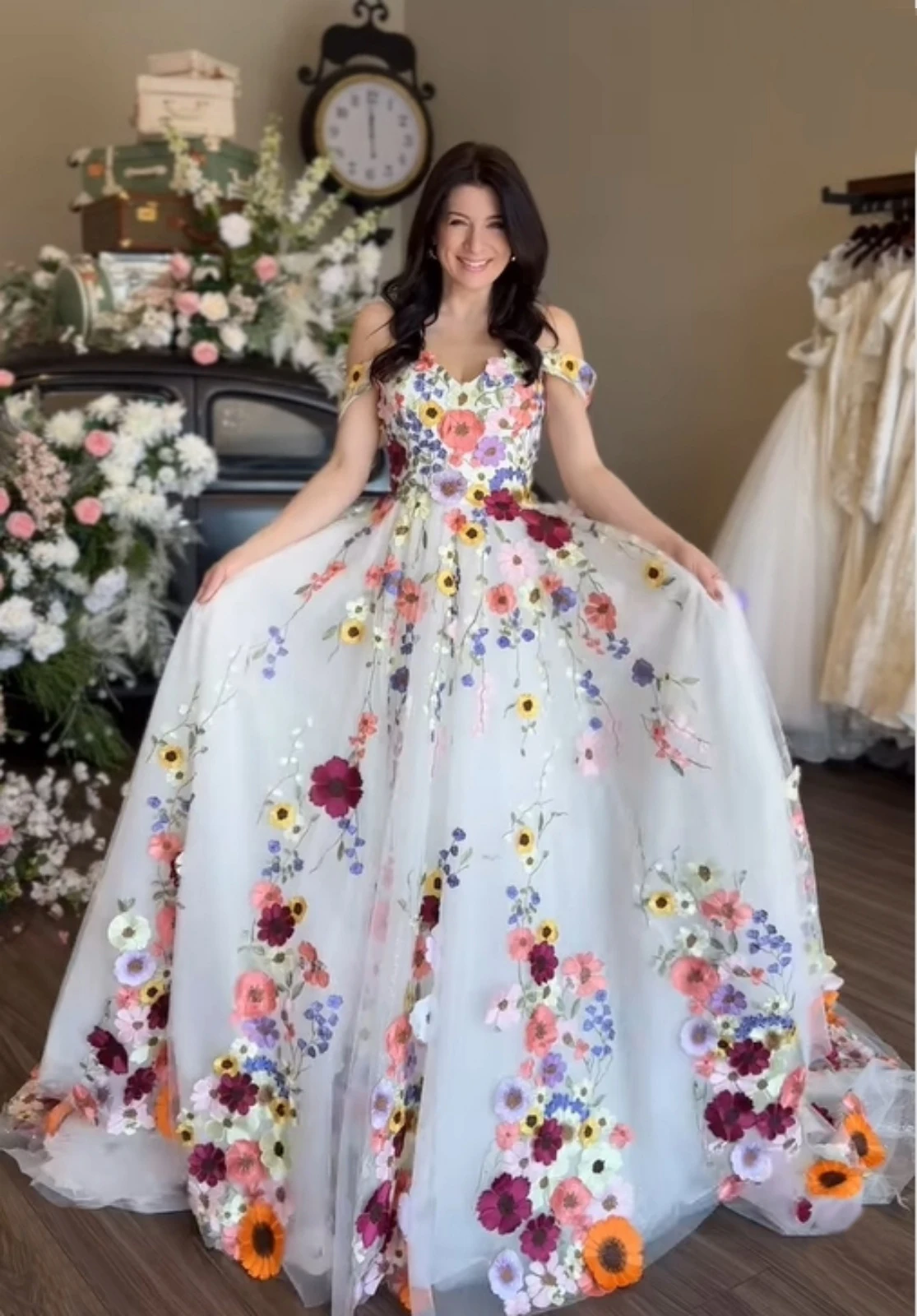 Colorful Floral Embroidered Wedding Dress Dreamy 3D Floral Princess Prom Dresses Off Shoulder A-Line Tulle Bridal Gowns