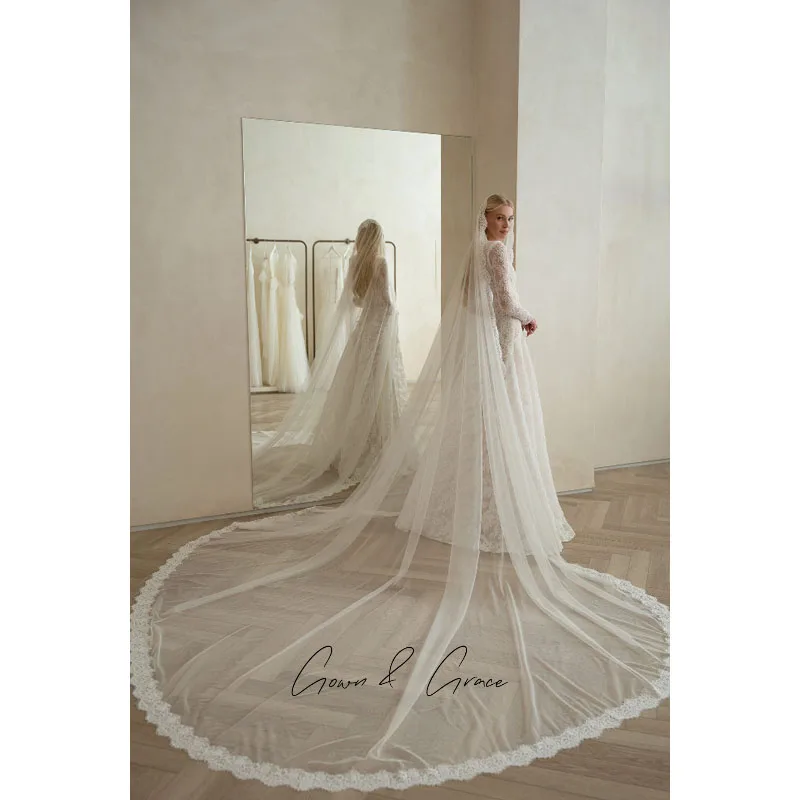 Gwn&Gce 2026 Elegant French Lace Mermaid Wedding Dresses Full Sleeves Long Floor Length Bride Gowns Formal Bridal Dresses Custom