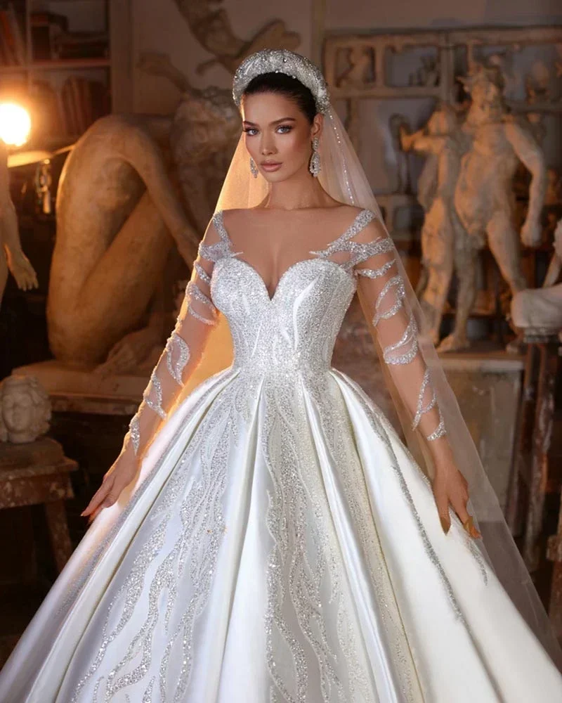 Customized New Elegant Satin Bride Dress with Illusion Sleeves Beaded Appliques Ballgown Bridal Gown Vestidos De Novia