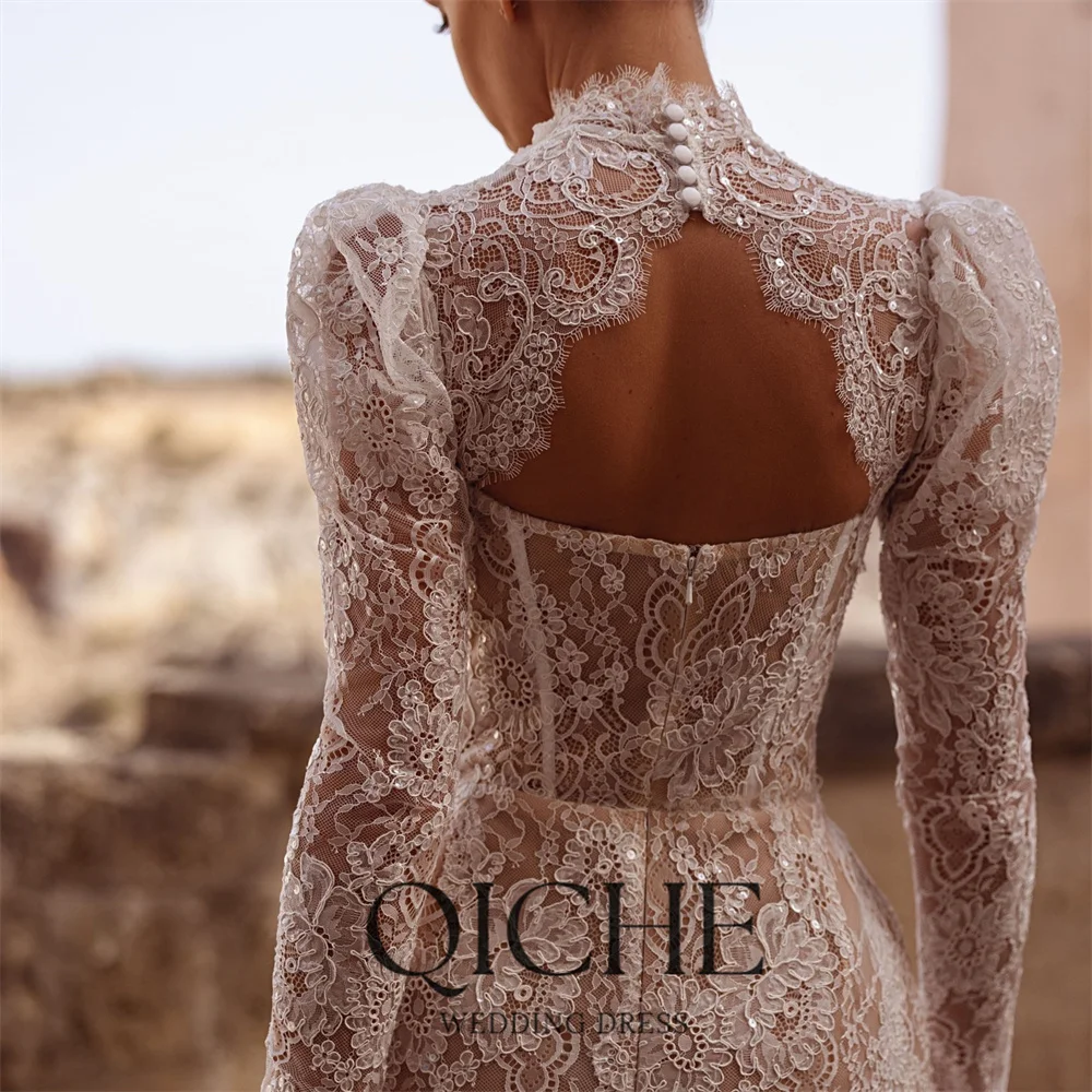QICHE Exquisite Lace Short A-Line Wedding Dress 2026 High Collar Open Back Long Sleeves Bridal Gown Vestidos De Noiva Customized