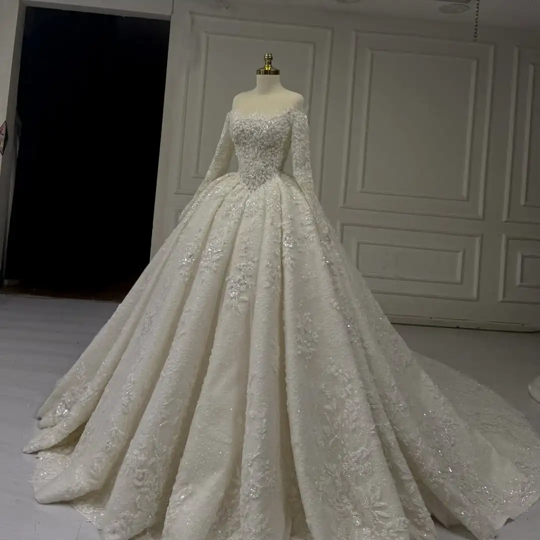 Luxury Beaded Ball Gown Princess Wedding Dress Off Shoulder Long Sleeves Sparkly Lace Bridal Gown Vestido De Noiva