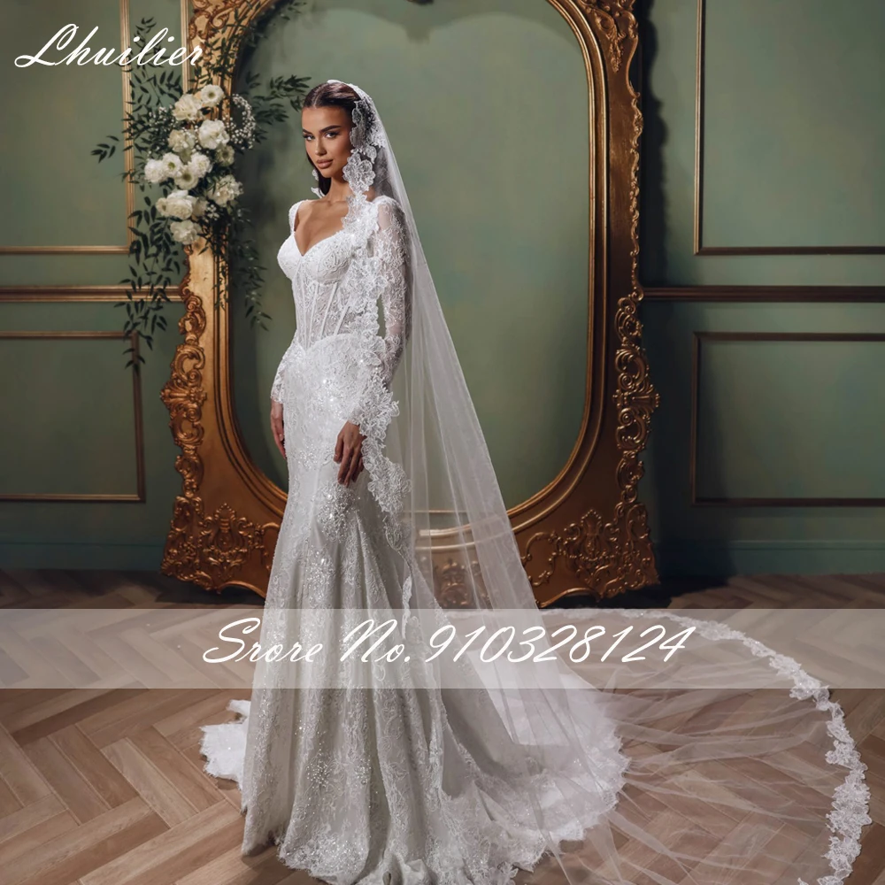 Lhuilier Customized Mermaid Lace Wedding Dresses Illusion Long Sleeves Pearls Beaded Bridal Dress with Court Train