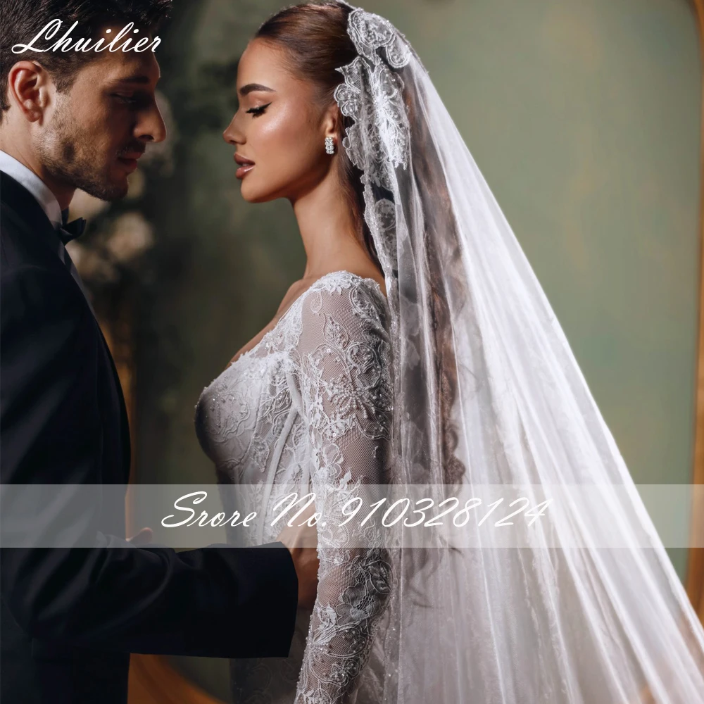 Lhuilier Customized Mermaid Lace Wedding Dresses Illusion Long Sleeves Pearls Beaded Bridal Dress with Court Train