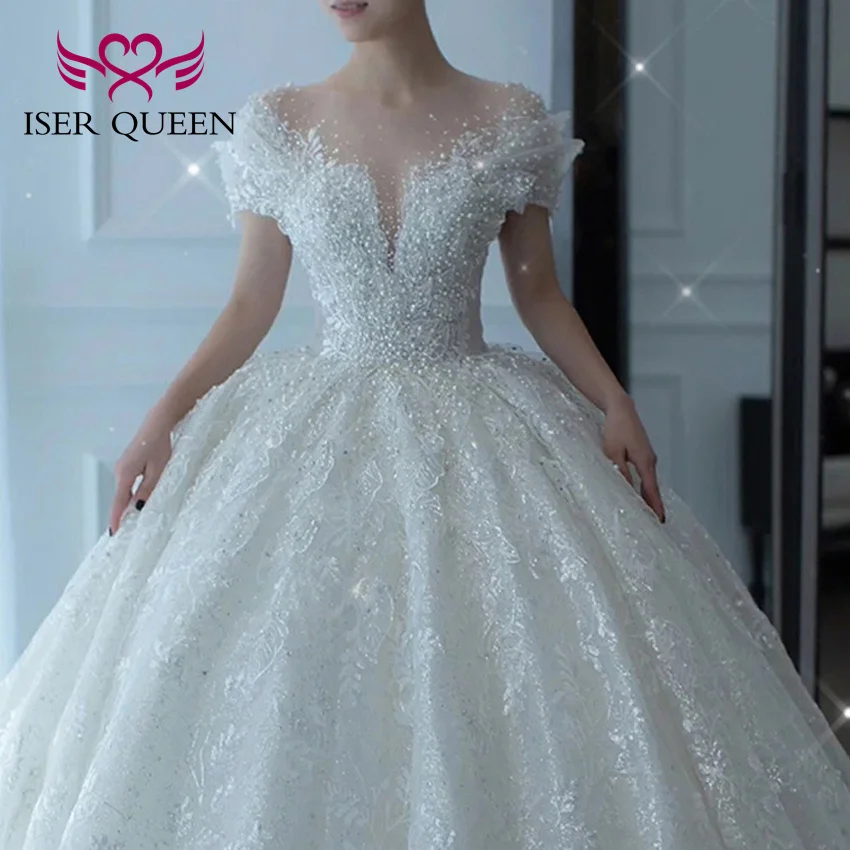 Customized Special Sleeves Pearls Beaded Wedding Dress Ball Gown Lace Appliques Pretty Civil Wedding Gown For Brides WX0333