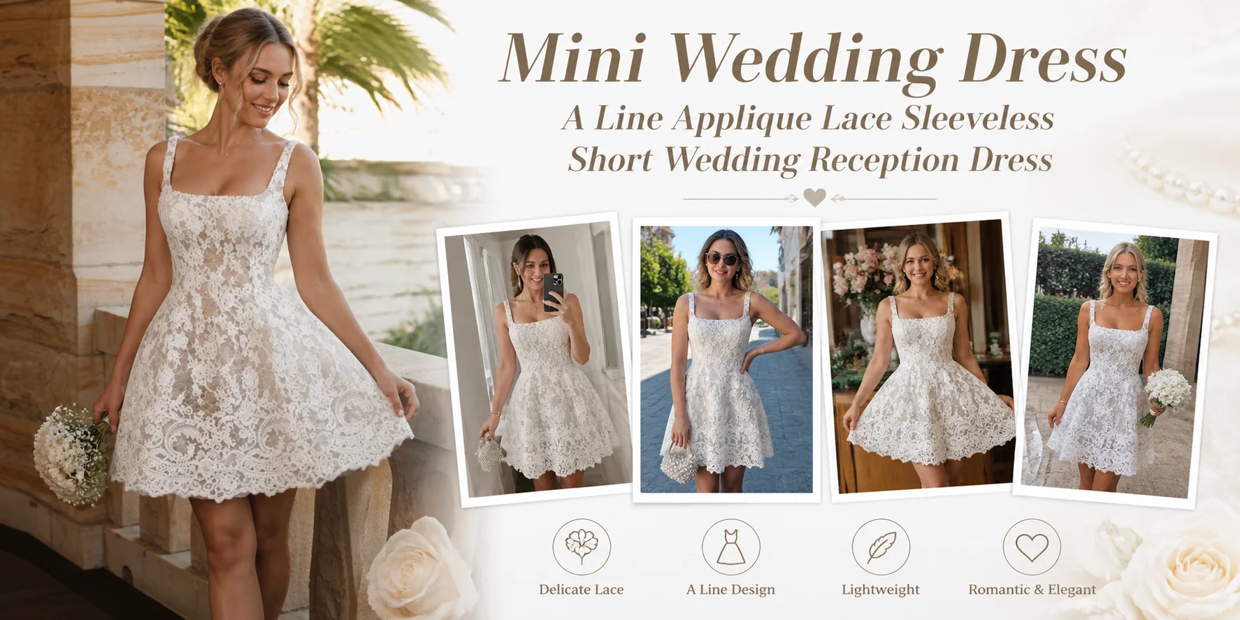 Mini Wedding Dress A Line Applique Lace Sleeveless Short Wedding Reception Dress Above Knee Vestido De Novia Corto Customized