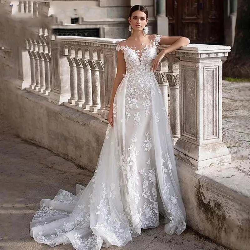 Customized Wedding Dress Short Sleeves Lace Appliques Mermaid Bridal Dress With Detachable Train Over Skirt Lace Wedding Gowns