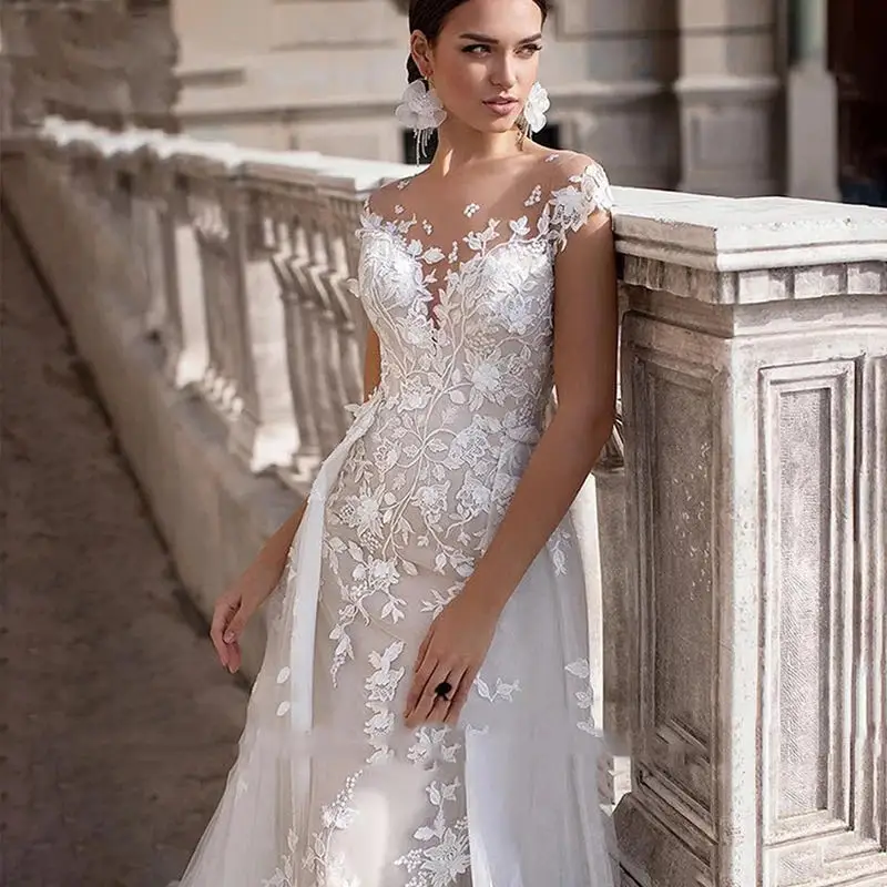 Customized Wedding Dress Short Sleeves Lace Appliques Mermaid Bridal Dress With Detachable Train Over Skirt Lace Wedding Gowns