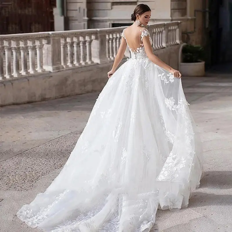 Customized Wedding Dress Short Sleeves Lace Appliques Mermaid Bridal Dress With Detachable Train Over Skirt Lace Wedding Gowns