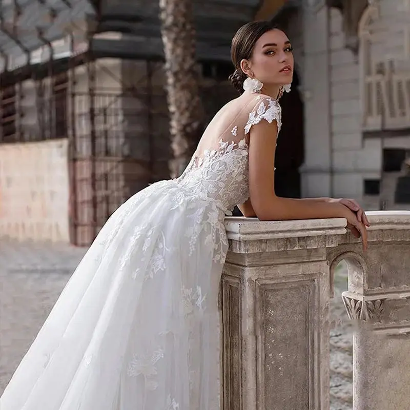 Customized Wedding Dress Short Sleeves Lace Appliques Mermaid Bridal Dress With Detachable Train Over Skirt Lace Wedding Gowns