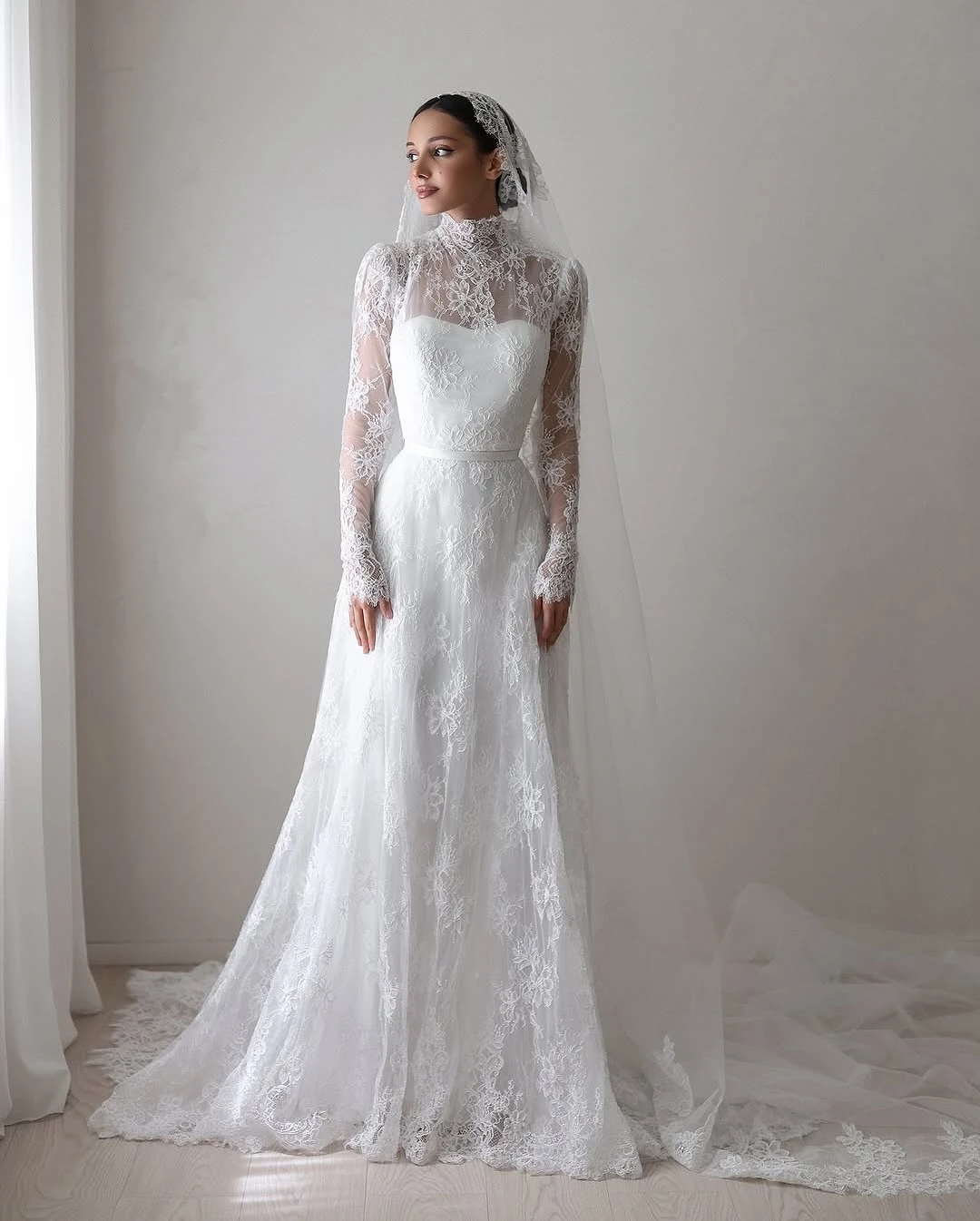 LORIE Lace Appliques Wedding Dresses A-Line High Neck Girdling Hazy Feeling Bridal Gown Floor-Length Bride Gowns 2026 Customized