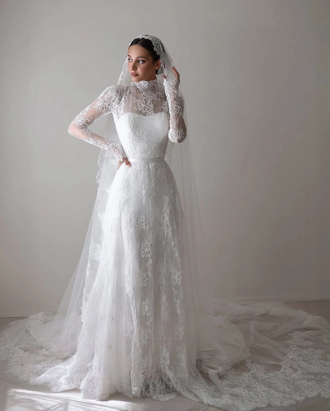 LORIE Lace Appliques Wedding Dresses A-Line High Neck Girdling Hazy Feeling Bridal Gown Floor-Length Bride Gowns 2026 Customized