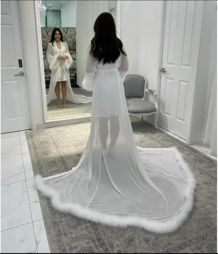Fur Edge Wedding Morning Robe Chiffon Sexy Bride Bathrobe Long Feather Sleeve Female Elegant Long Jacket Customized