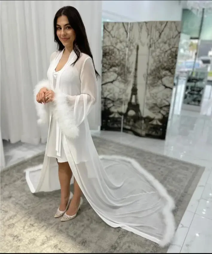 Fur Edge Wedding Morning Robe Chiffon Sexy Bride Bathrobe Long Feather Sleeve Female Elegant Long Jacket Customized