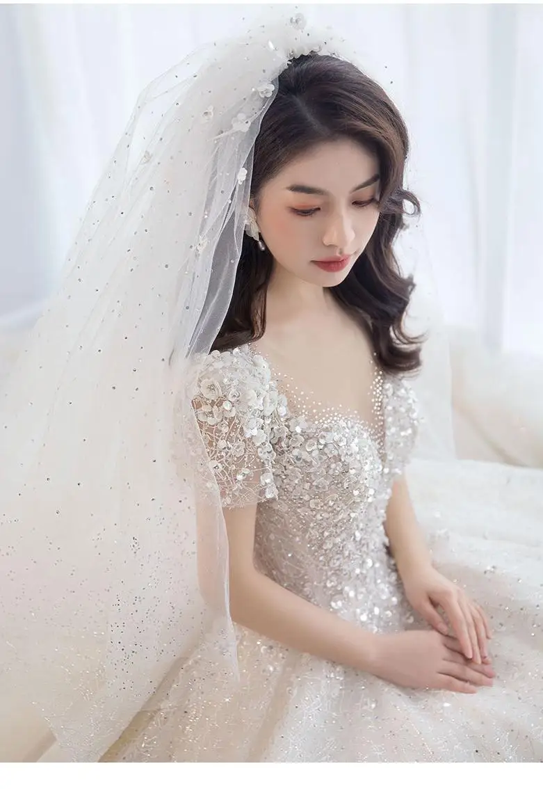 Luxury Short Sleeve Wedding Dress 2026 New Bridal Dress V Neck Beading Shinning Ball Gown Sweep Train Vestido Noiva Customized