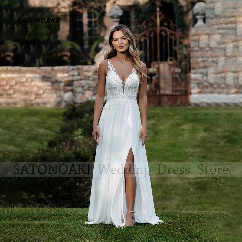 Customized Elegant Boho Side Split Lace V-Neck Chiffon Wedding Dresses for Women A-Line Sweep Train Backless Vestidos De Novia