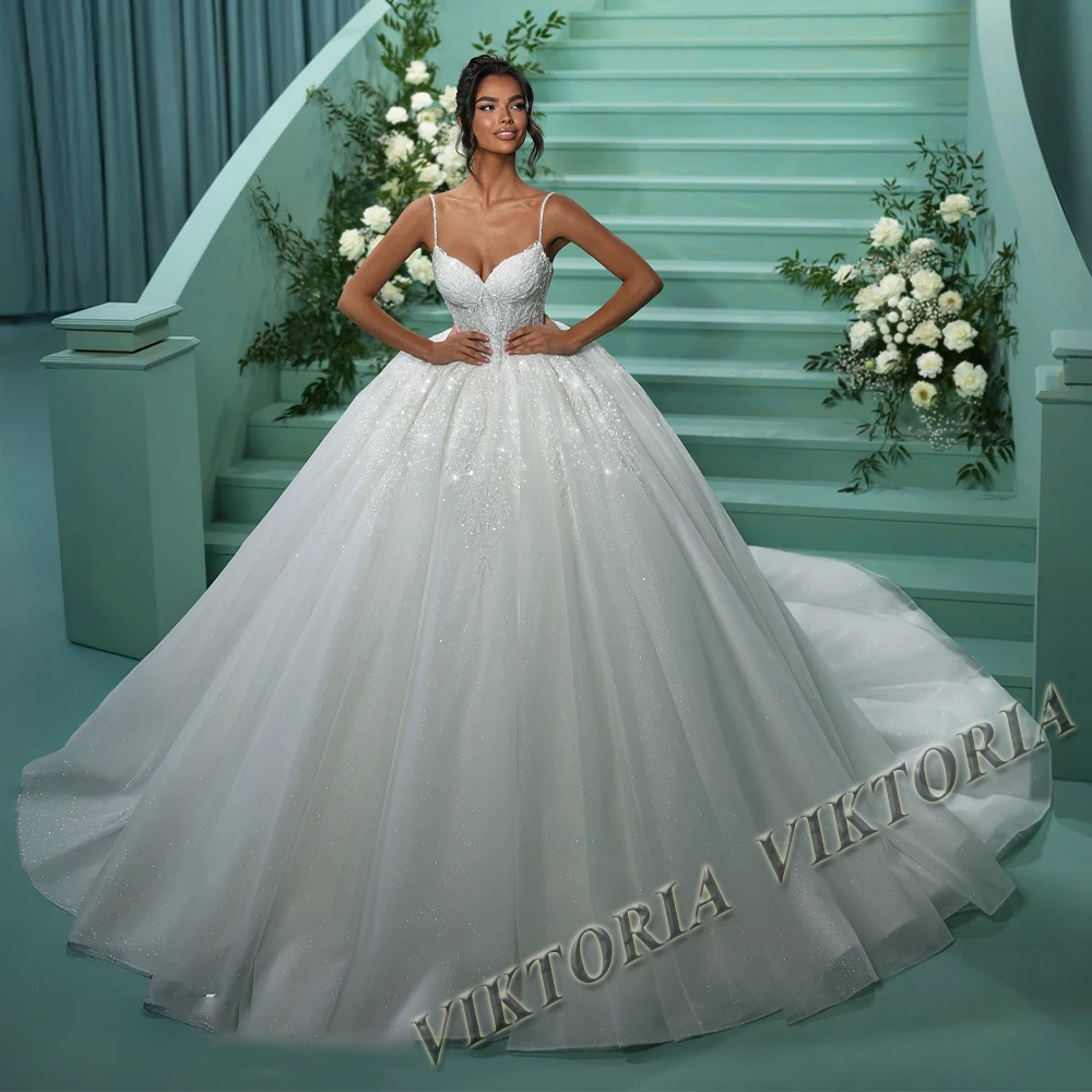 VIKTORIA Glitter Princess Wedding Dresses For Woman Bridal Spaghetti Straps Backless Appliques Vestidos De Novia Custom Made