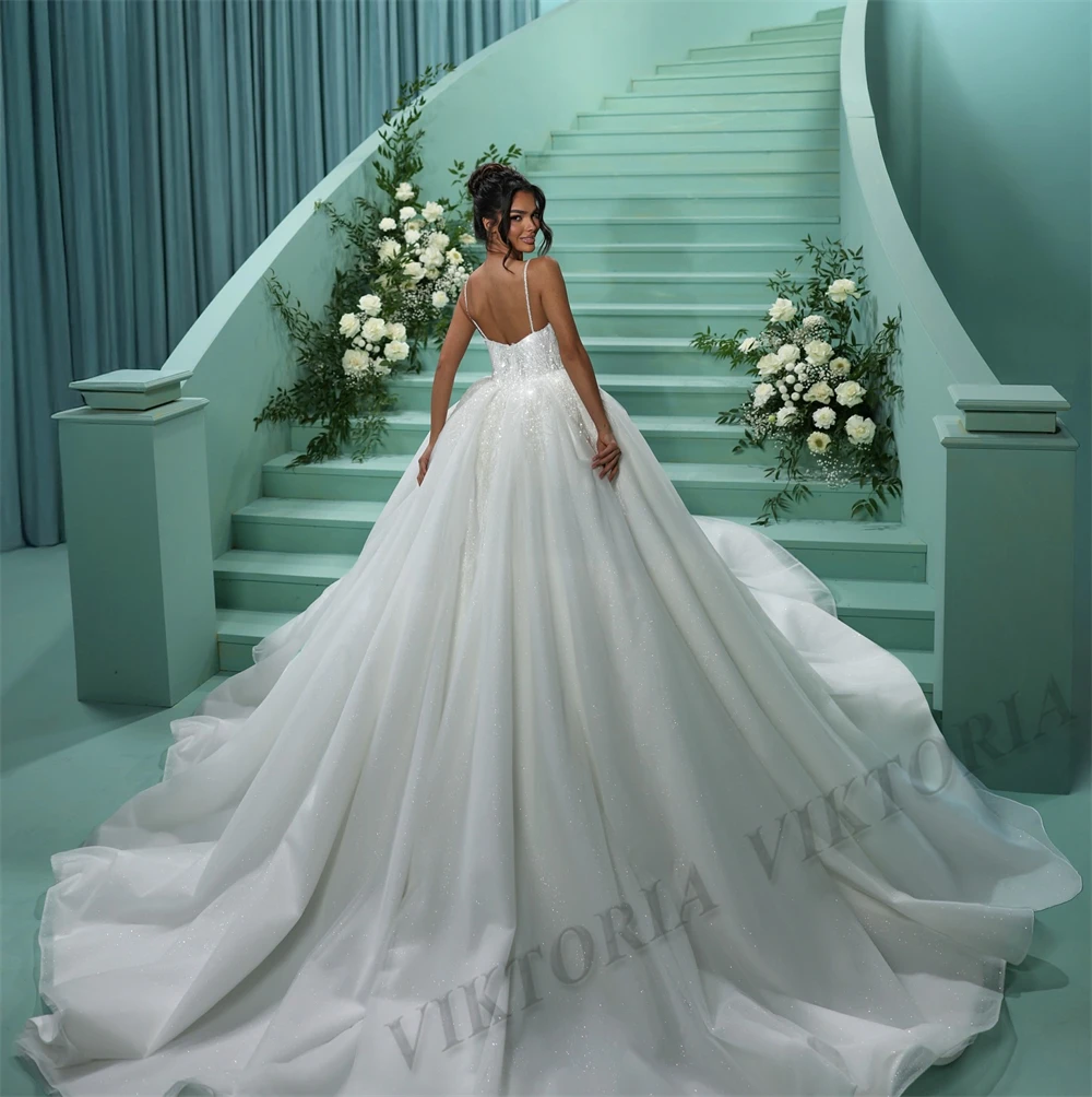 VIKTORIA Glitter Princess Wedding Dresses For Woman Bridal Spaghetti Straps Backless Appliques Vestidos De Novia Custom Made