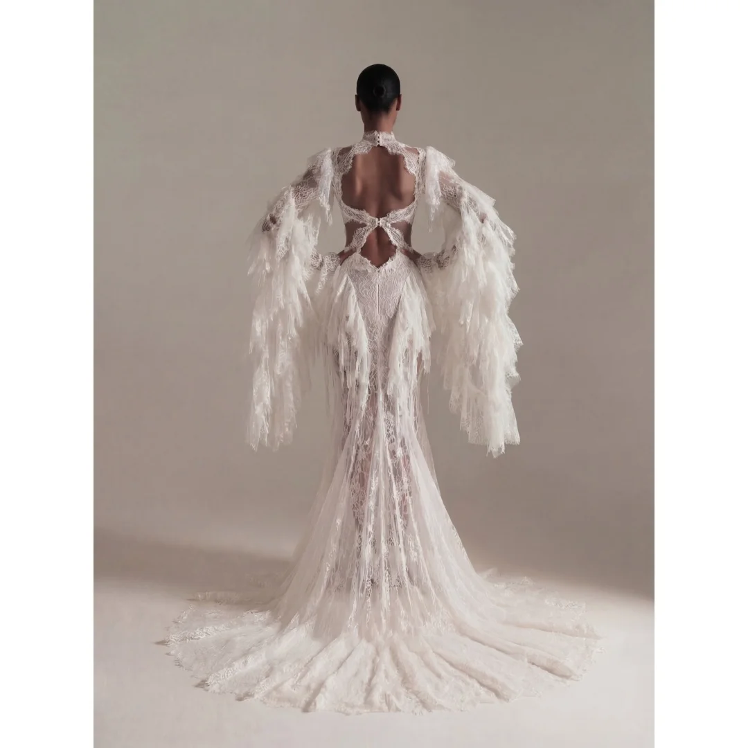 Rebecca Customized High Neck Illusion Neckline Prom Dress Long Sleeve Tulle Ruffle Sleeves vestidos de noche Formal Evening 2026