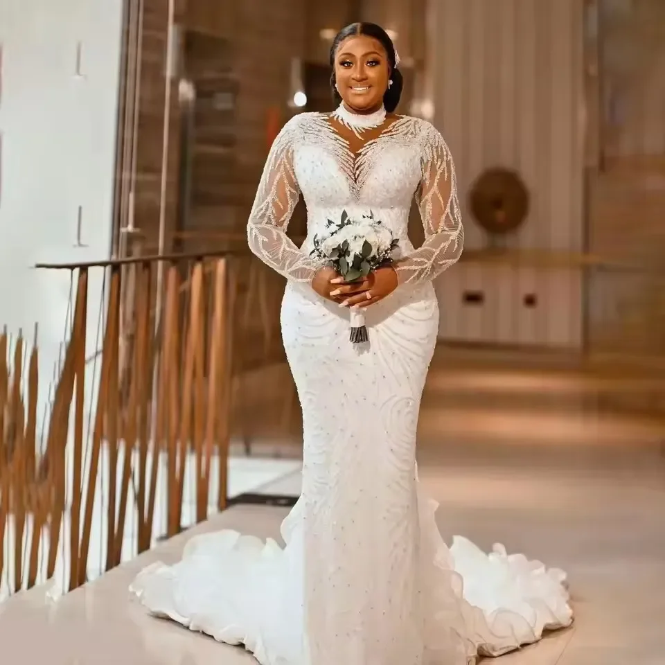 Customized Luxury Beaded Mermaid Wedding Dresses High Neck Long Sleeves Sweep Train Plus Size Bridal Gowns Vestidos De Novia
