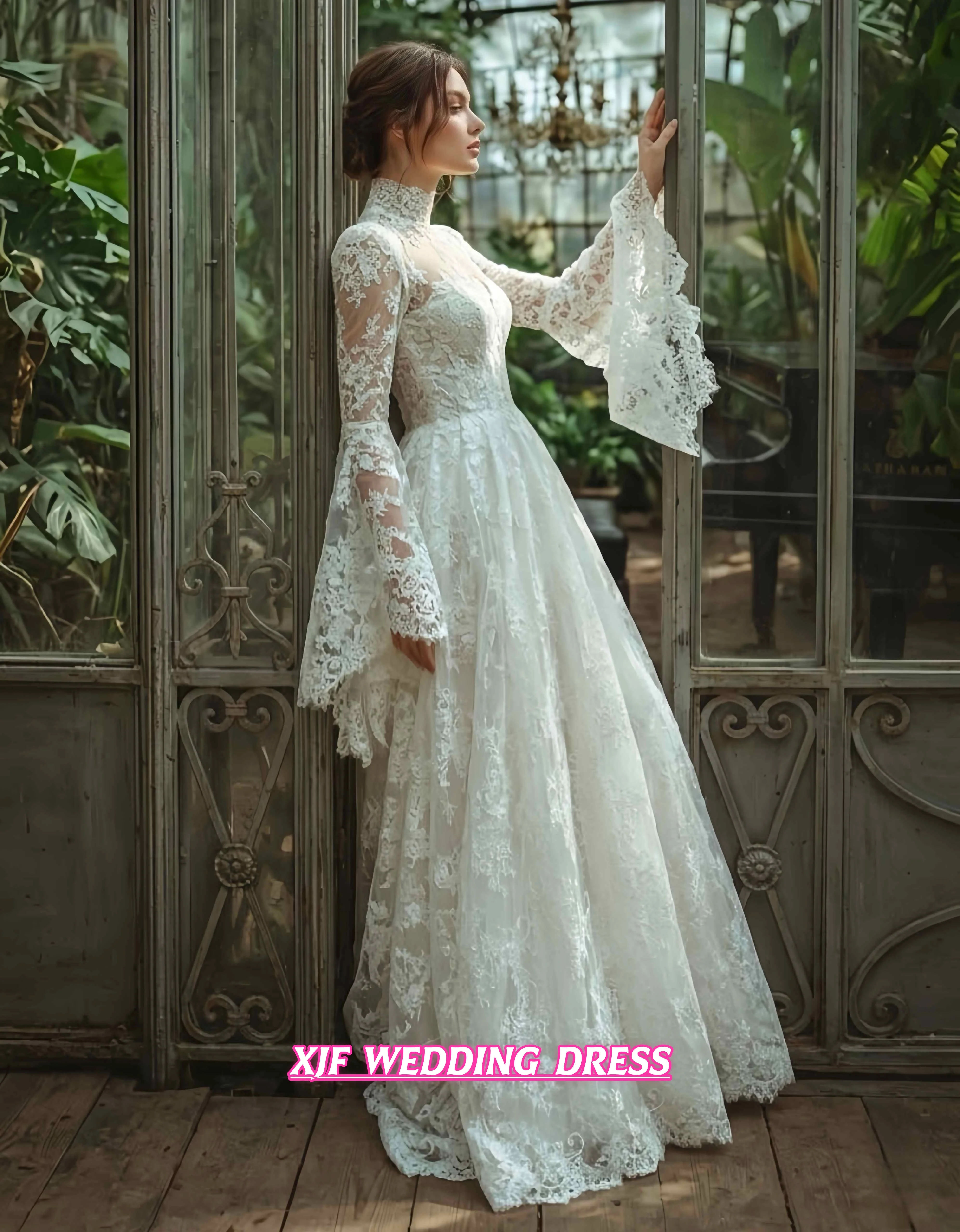 Customized High Collar Long Sleeve A-Line Lace Vintage Wedding Dress Vestidos De Novia