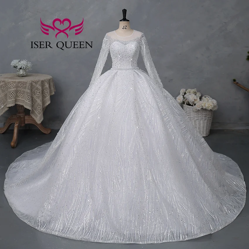 Customized Sheer Neck Long Sleeves Wedding Dress 2026 New Fashion Pearls And Crystal Beaded Luxury Wedding Dress Bride WX0467