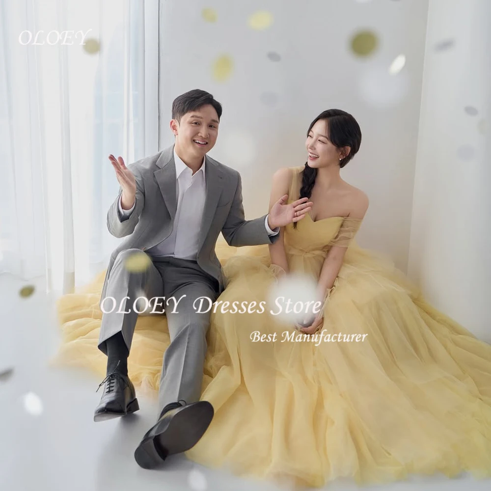 OLOEY Strapless Tulle Evening Dress Yellow Off Shoulder Korea Wedding Photo Shoot Dress Long Tiered Corset Customized
