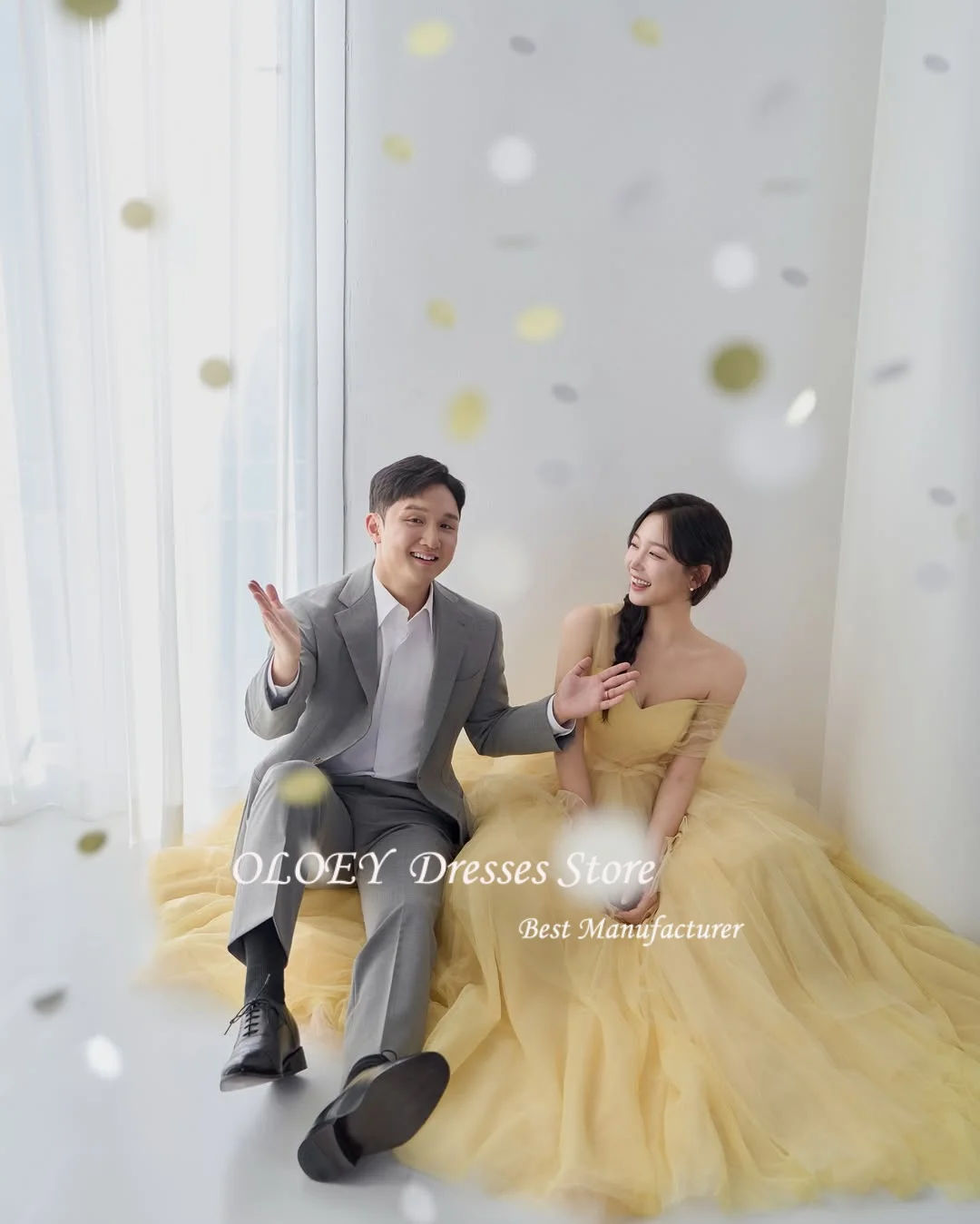 OLOEY Strapless Tulle Evening Dress Yellow Off Shoulder Korea Wedding Photo Shoot Dress Long Tiered Corset Customized