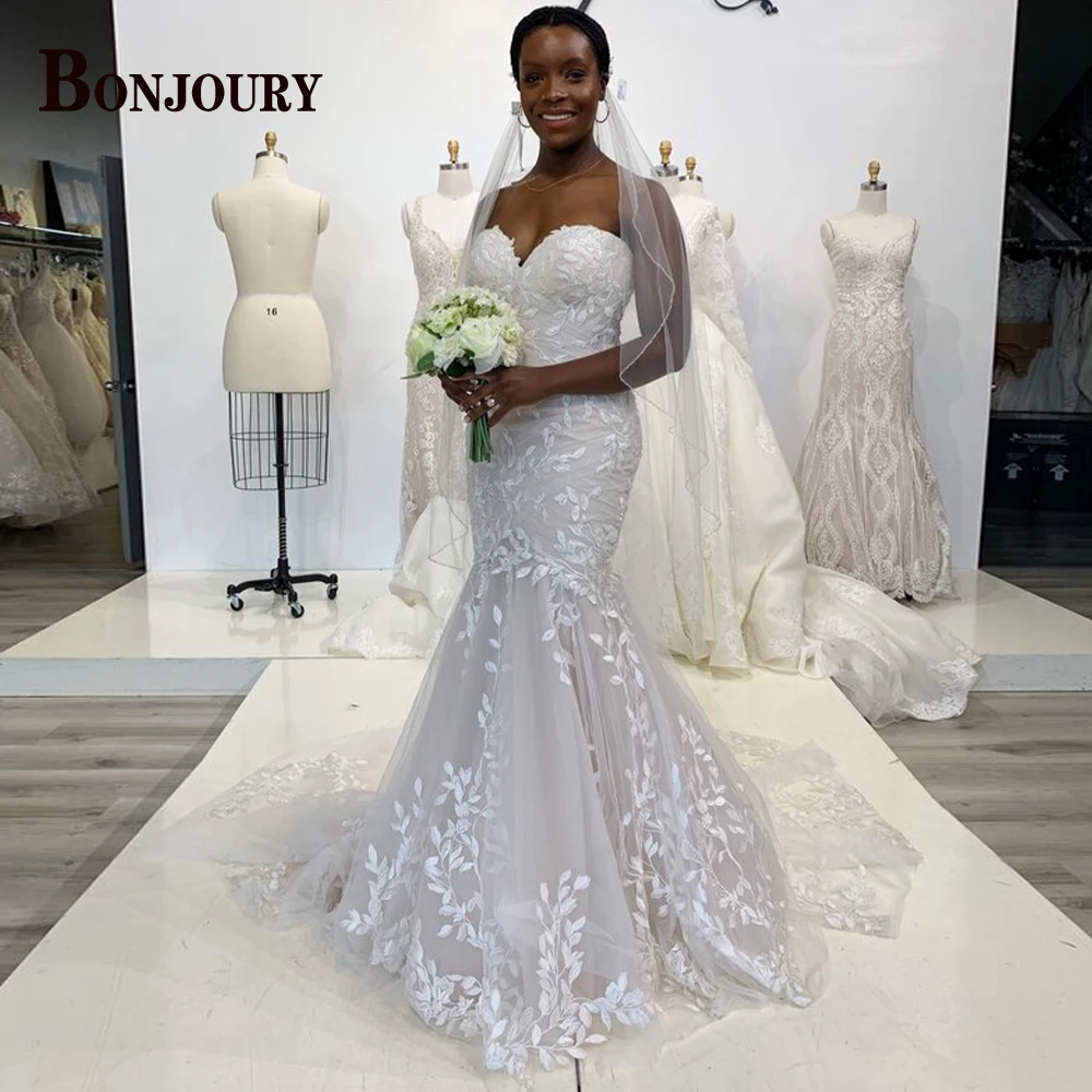 BONJOURY Charming Wedding Dress for Mariages Appliquea Trumpet Detachable Train Off the Shoulder Formal Suknia Slubna Customised