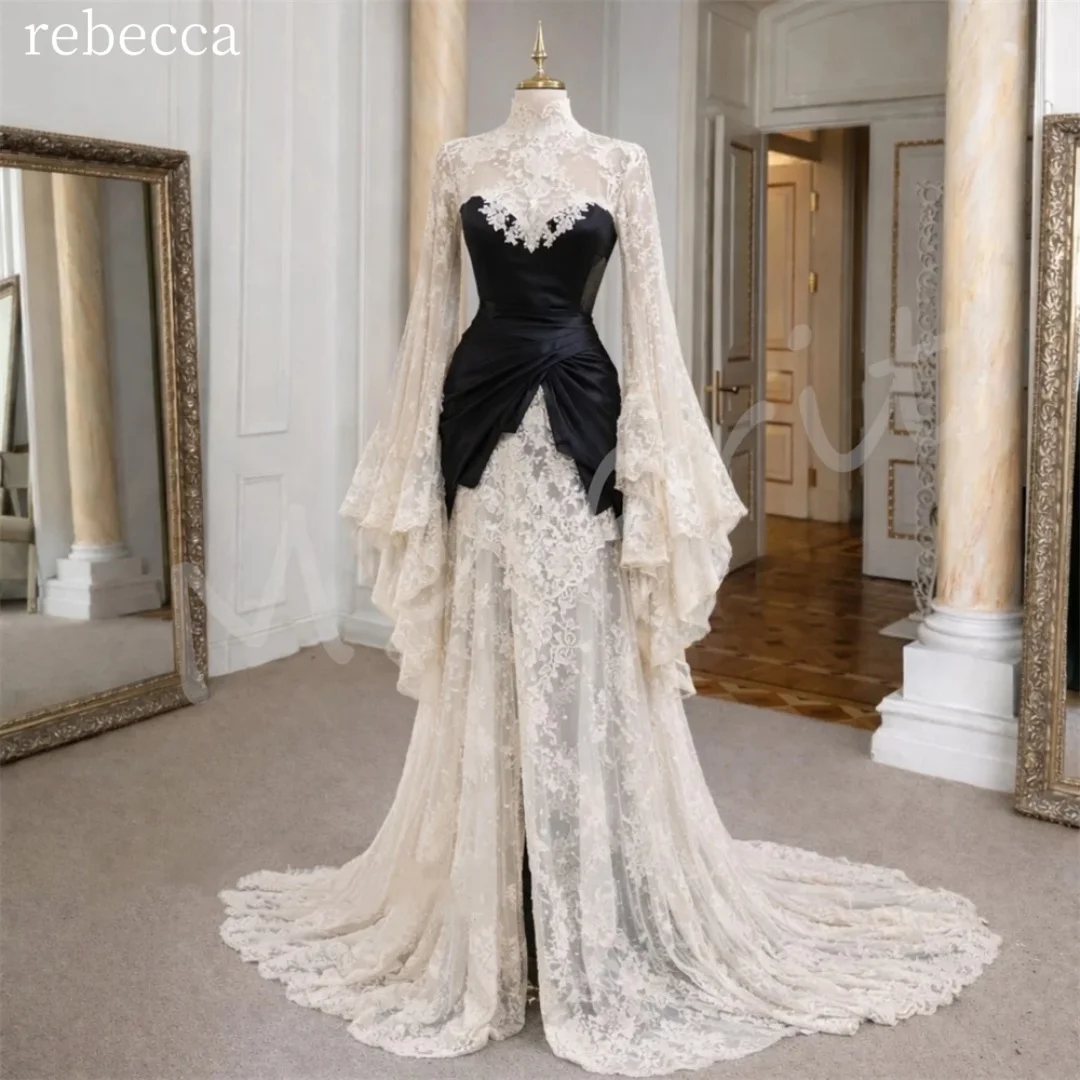 Rebecca Customized High Neck Long Bell Sleeves Prom Dress Lace Floor-Length vestidos de noche Lace Embroidery Evening Dresses