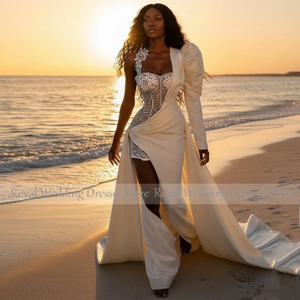 Modern Custom Ivory Satin Mermaid Wedding Dress Sweetheart Beading Wedding Gowns for Brides Floor Length Slit Bridal Gown